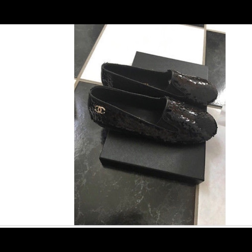 CHANEL black sequin loafers size 39